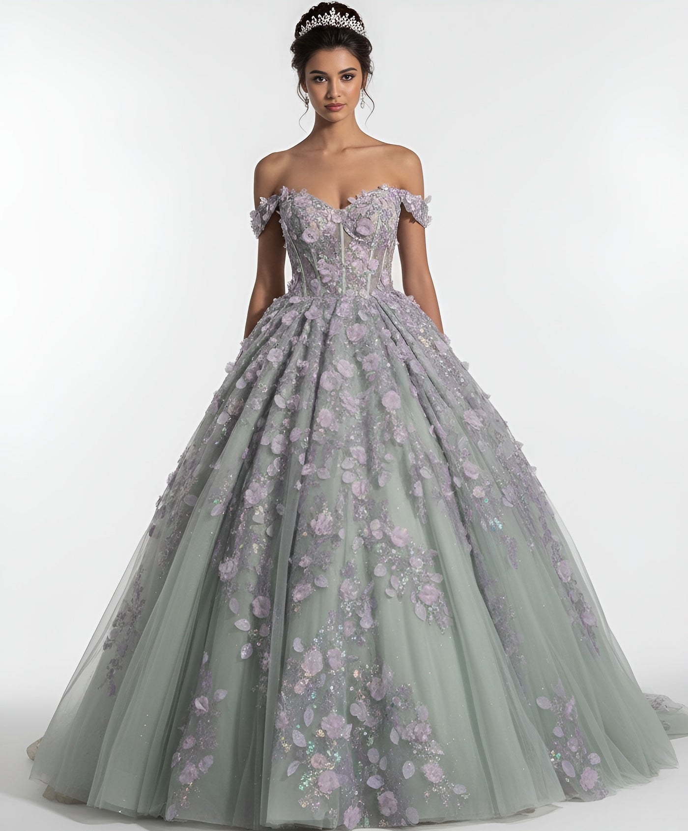 Jovani Q46665 - Basque Waist Floral Applique Ballgown Quinceanera Dresses In Green