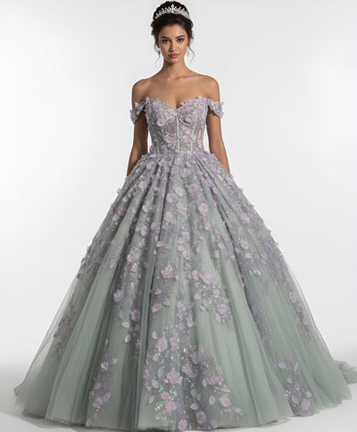 Jovani Q46665 - Basque Waist Floral Applique Ballgown Quinceanera Dresses In Green