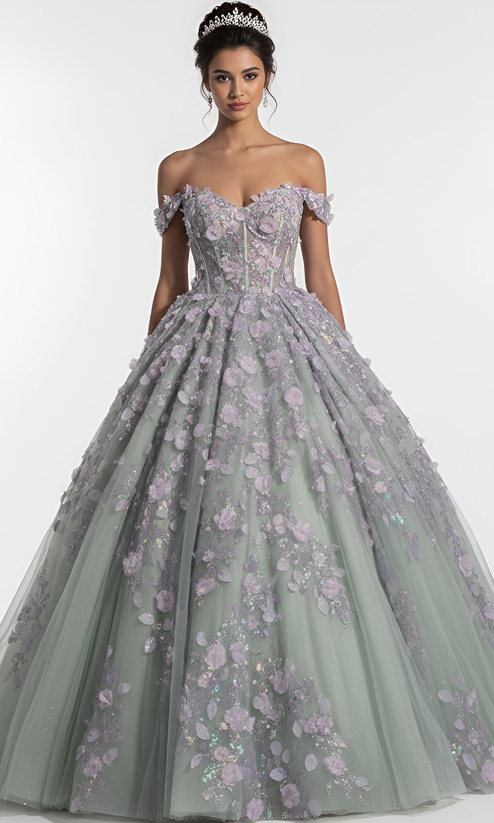 Jovani Q46665 - Basque Waist Floral Applique Ballgown