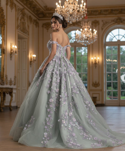 Jovani Q46665 - Basque Waist Floral Applique Ballgown Quinceanera Dresses In Green