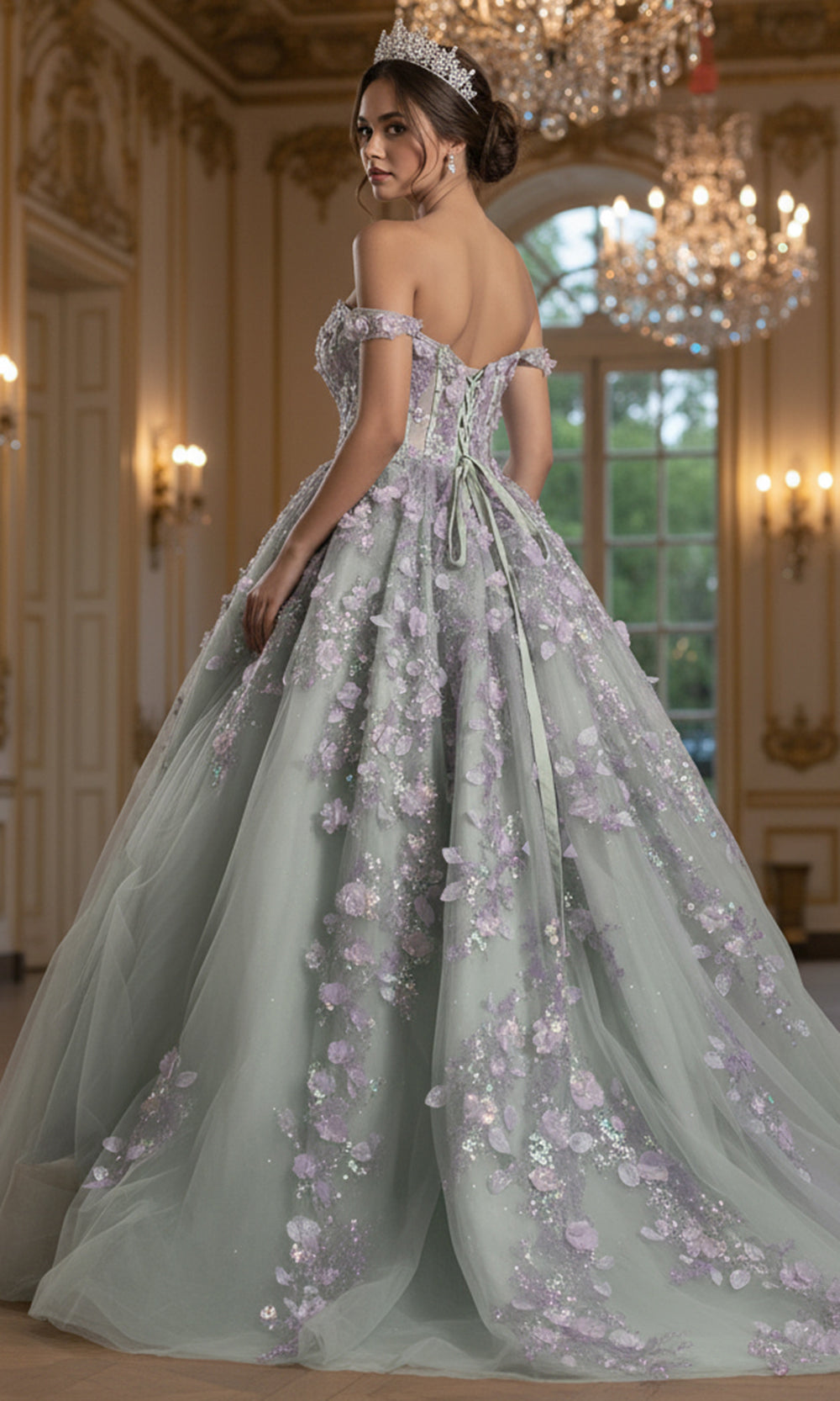 Jovani Q46665 - Basque Waist Floral Applique Ballgown