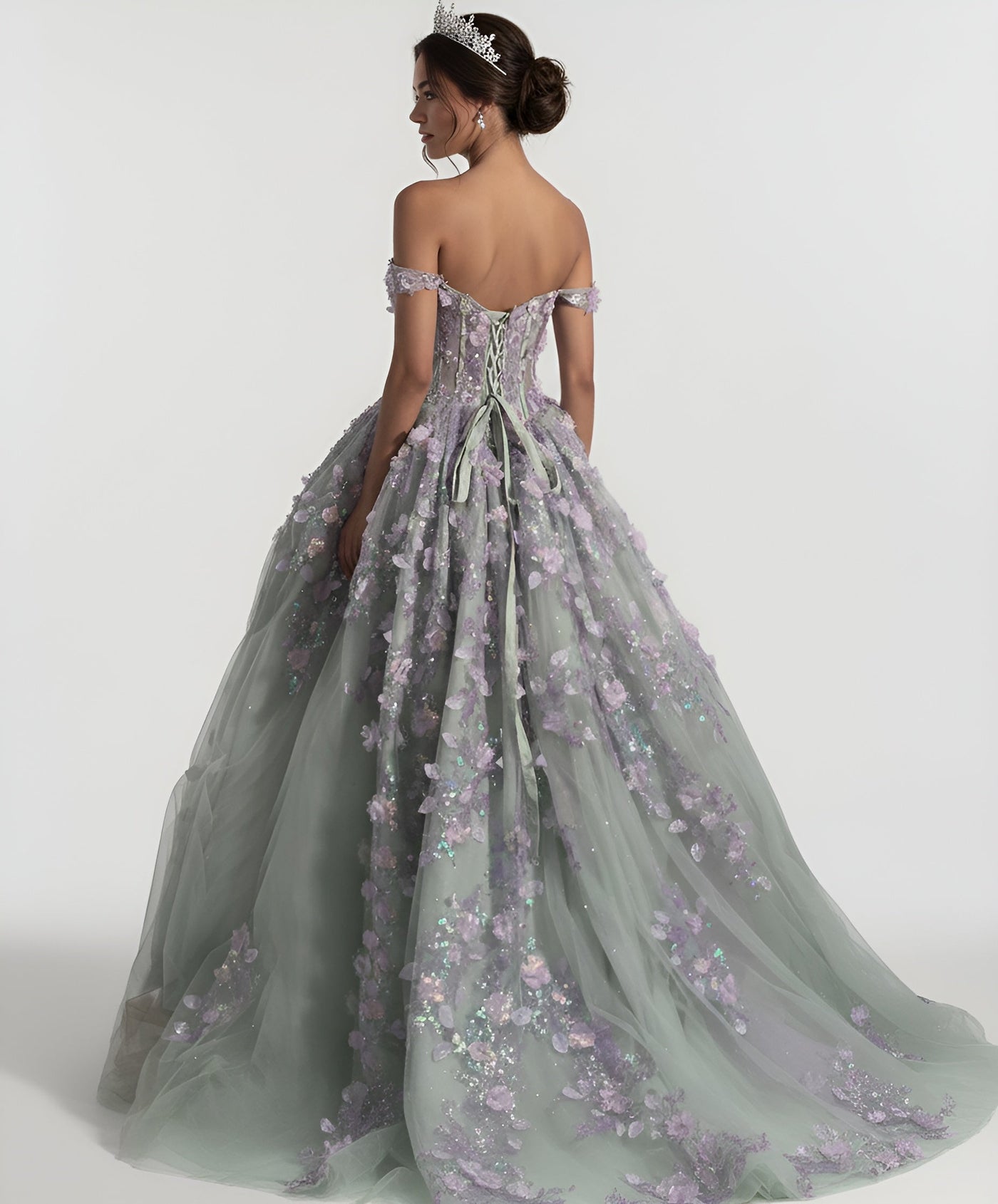 Jovani Q46665 - Basque Waist Floral Applique Ballgown Quinceanera Dresses In Green