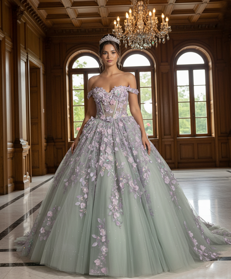 Jovani Q46665 - Basque Waist Floral Applique Ballgown Quinceanera Dresses In Green