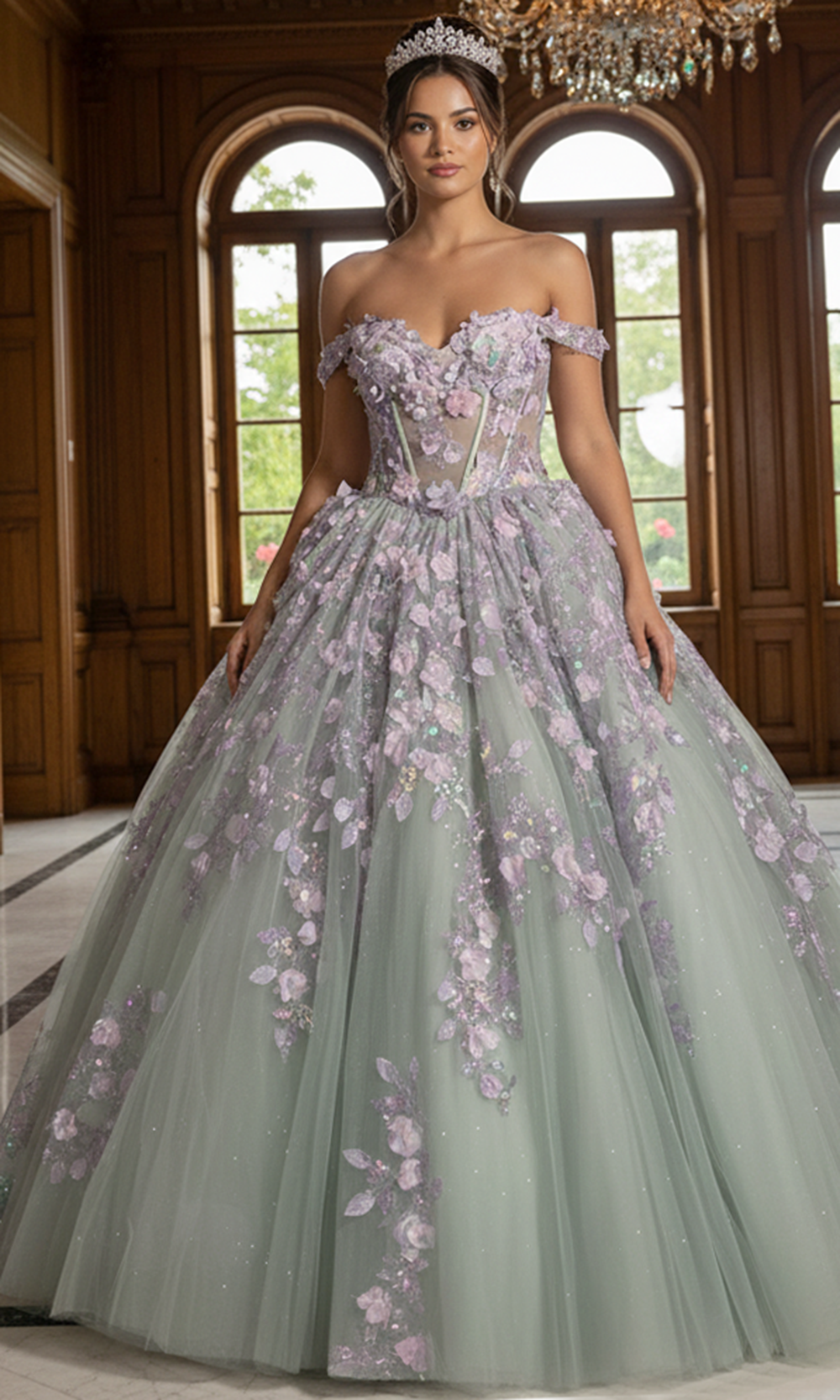 Jovani Q46665 - Basque Waist Floral Applique Ballgown