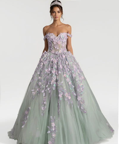 Jovani Q46665 - Basque Waist Floral Applique Ballgown Quinceanera Dresses In Green