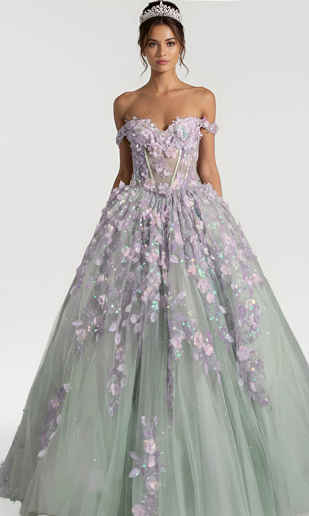 Jovani Q46665 - Basque Waist Floral Applique Ballgown