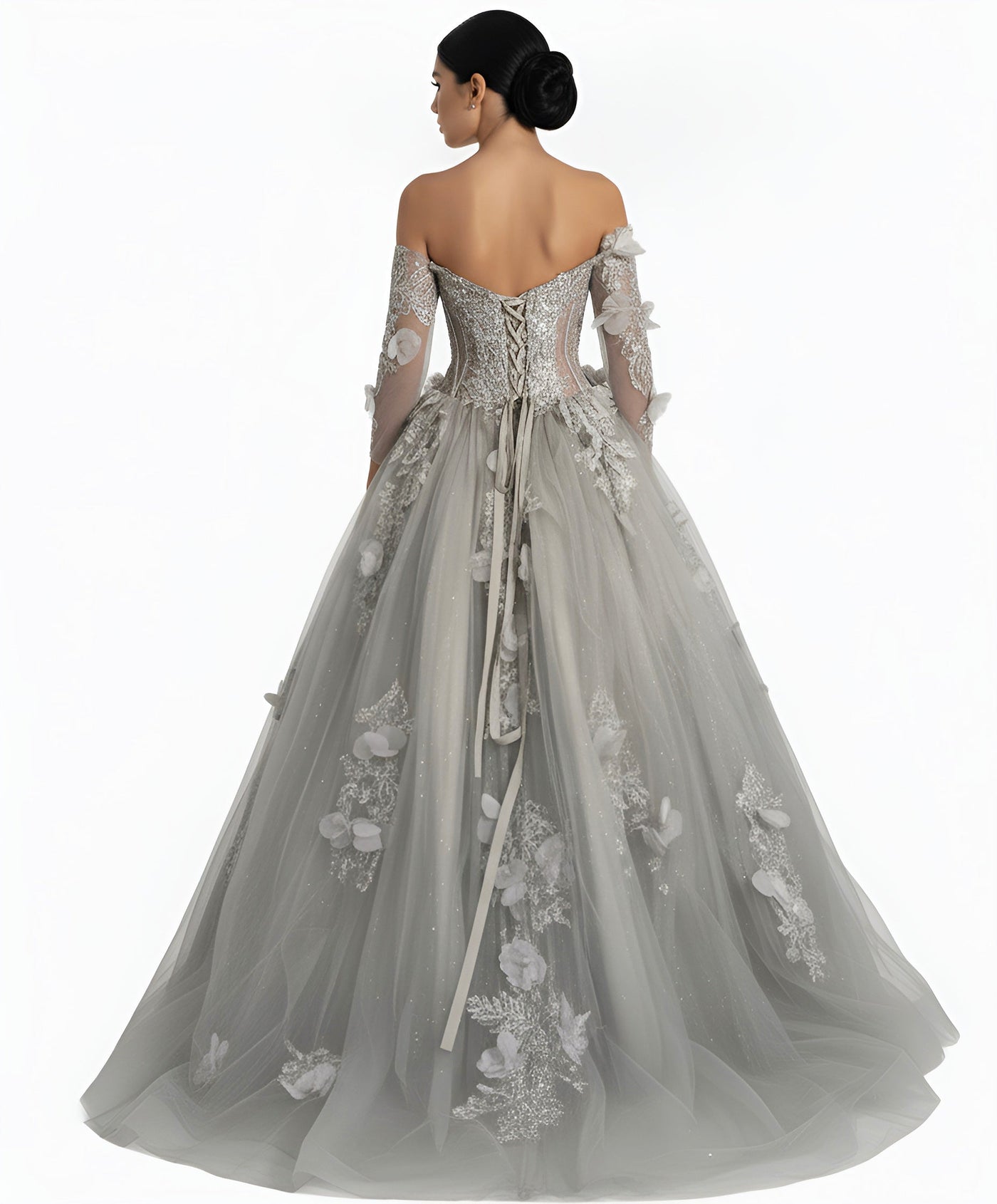 Jovani Q46666 - Long Sleeve Applique Layered Ballgown Quinceanera Dresses in In Silver