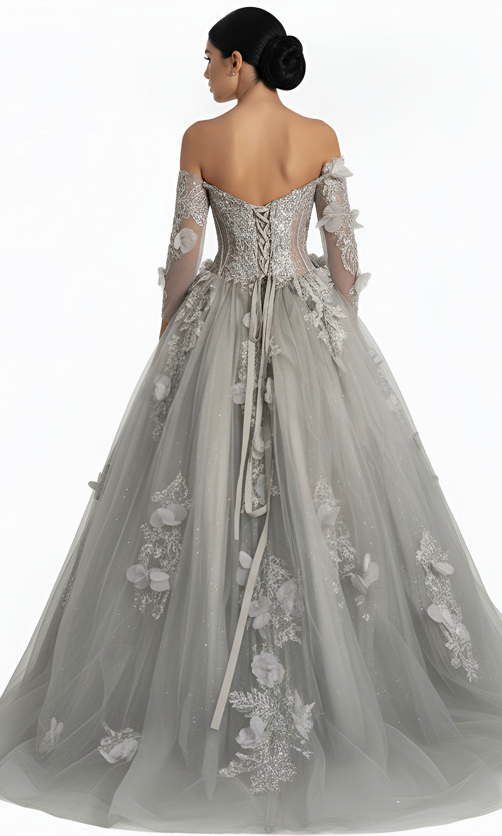Jovani Q46666 - Long Sleeve Applique Layered Ballgown