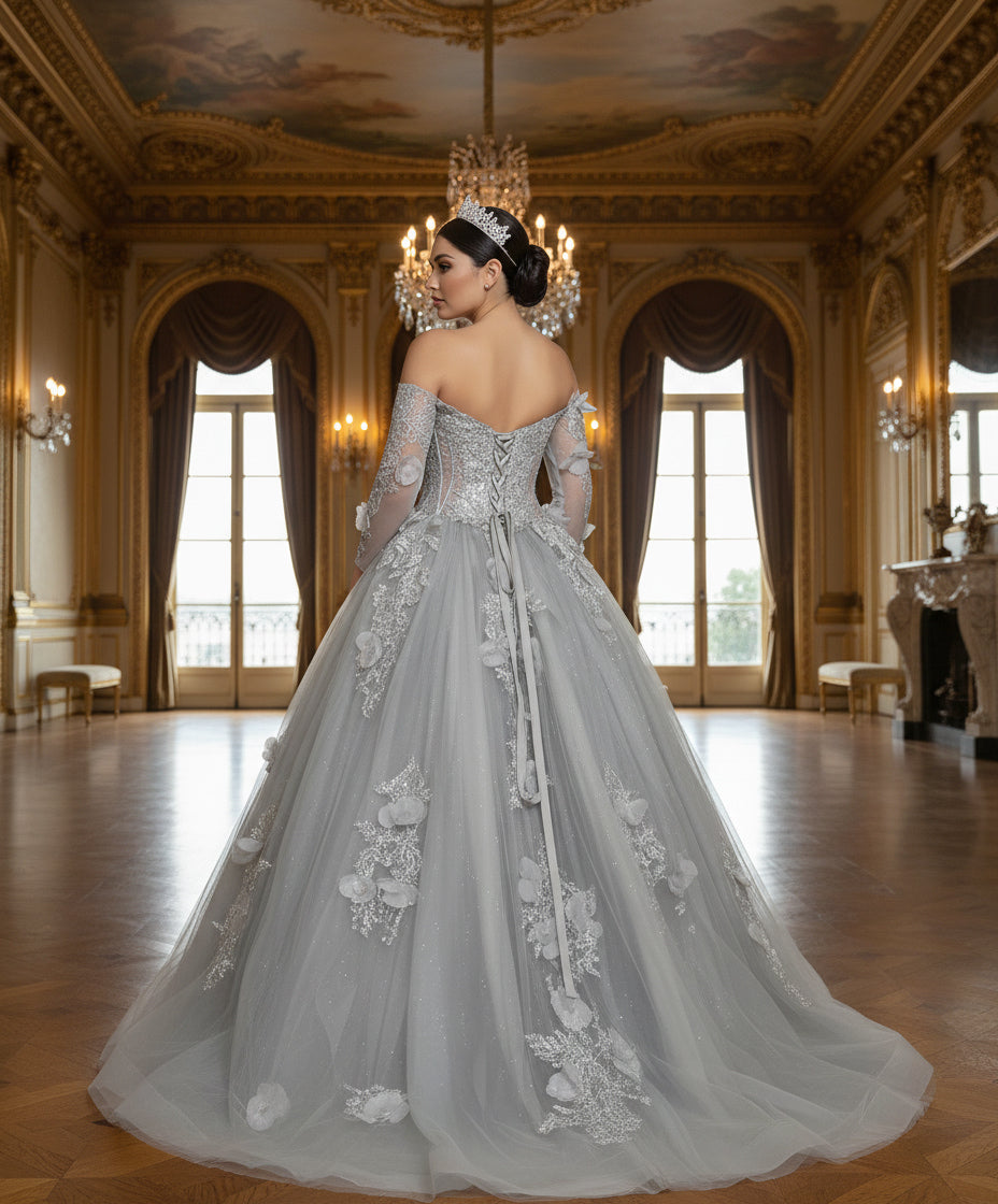 Jovani Q46666 - Long Sleeve Applique Layered Ballgown Quinceanera Dresses in In Silver