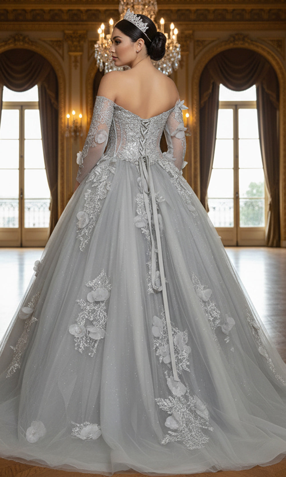 Jovani Q46666 - Long Sleeve Applique Layered Ballgown