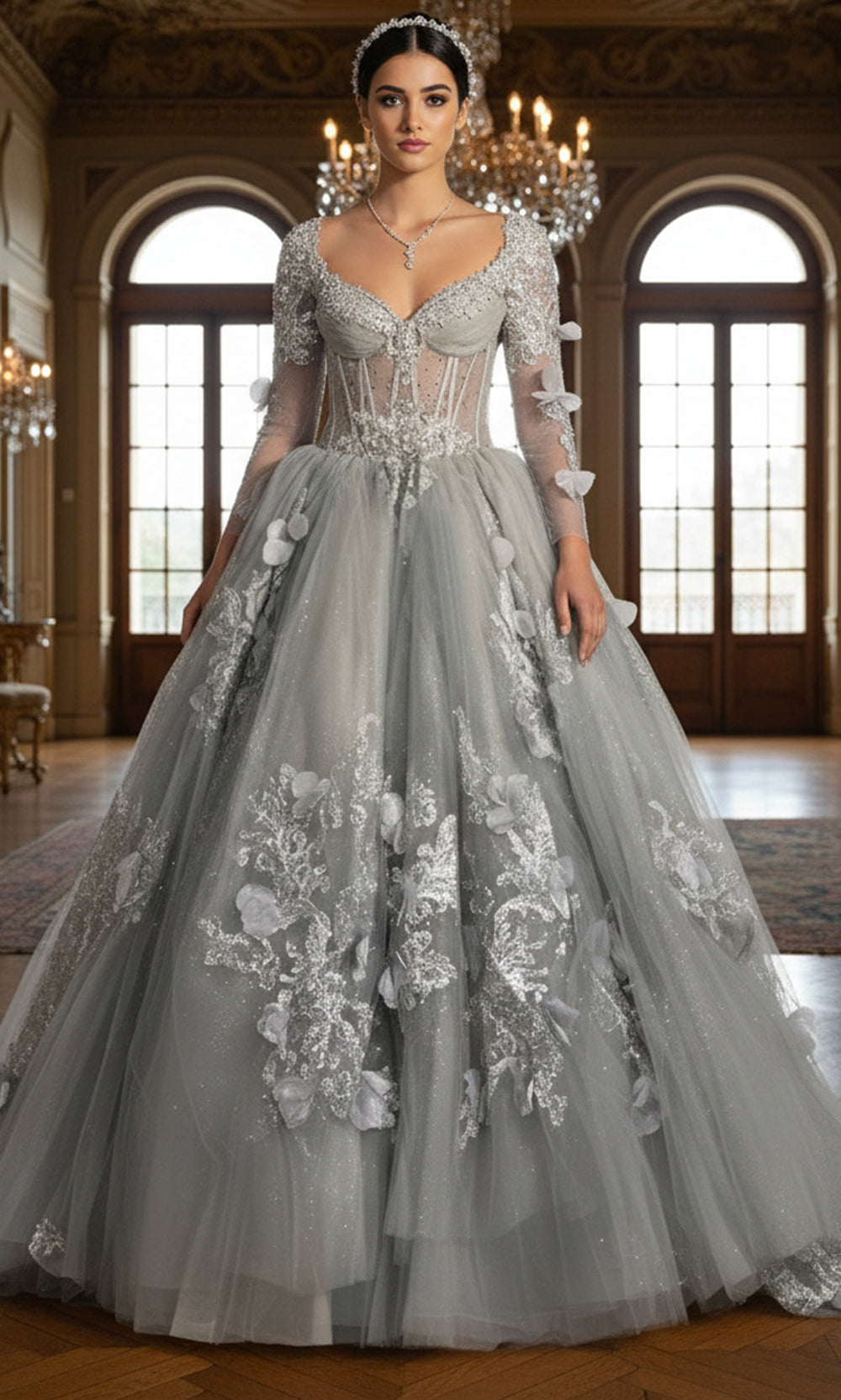 Jovani Q46666 - Long Sleeve Applique Layered Ballgown