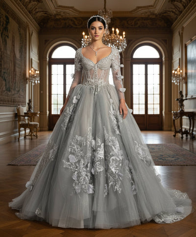 Jovani Q46666 - Long Sleeve Applique Layered Ballgown Quinceanera Dresses in In Silver