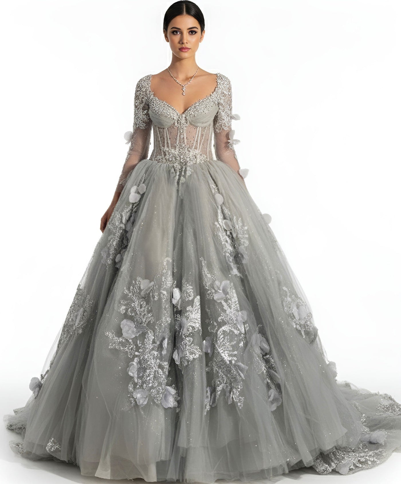 Jovani Q46666 - Long Sleeve Applique Layered Ballgown Quinceanera Dresses in In Silver