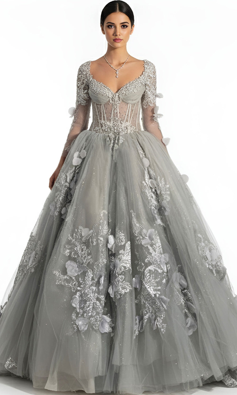 Jovani Q46666 - Long Sleeve Applique Layered Ballgown