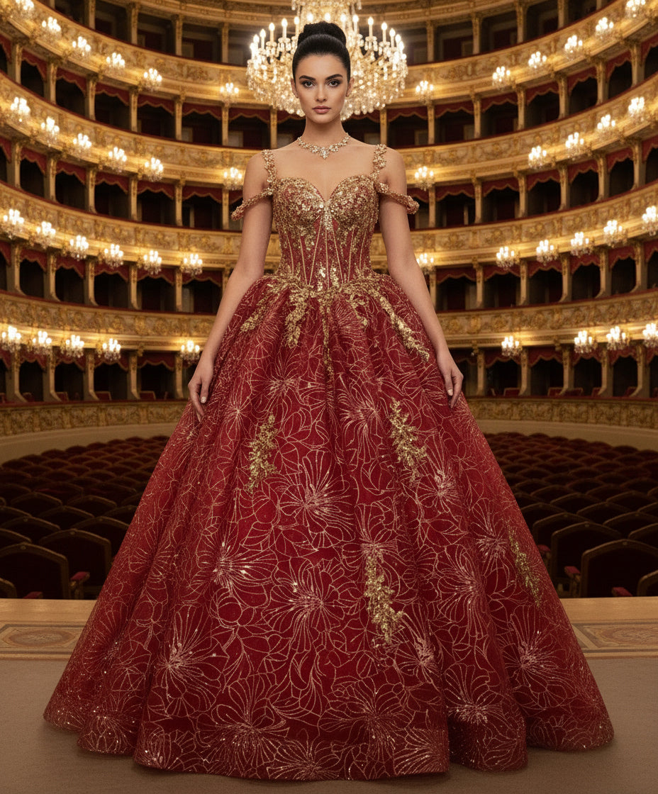 Jovani Q47377 - Sweetheart Lace-Up Ballgown with Bow Quinceanera Dresses in Red and Gold