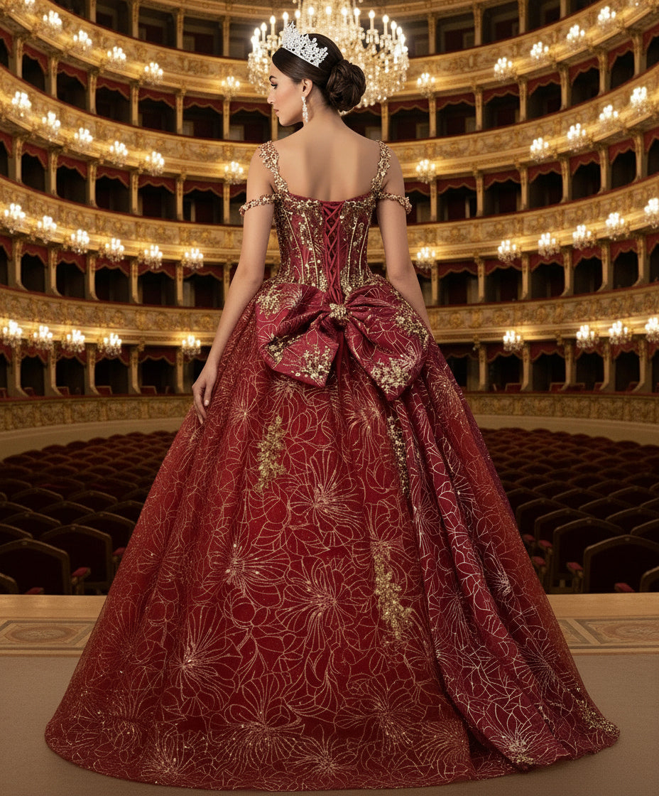 Jovani Q47377 - Sweetheart Lace-Up Ballgown with Bow Quinceanera Dresses in Red and Gold