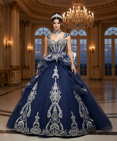 Jovani Q48438 - Silver Embroidery Layered Ballgown Quinceanera Dresses In Blue and Silver