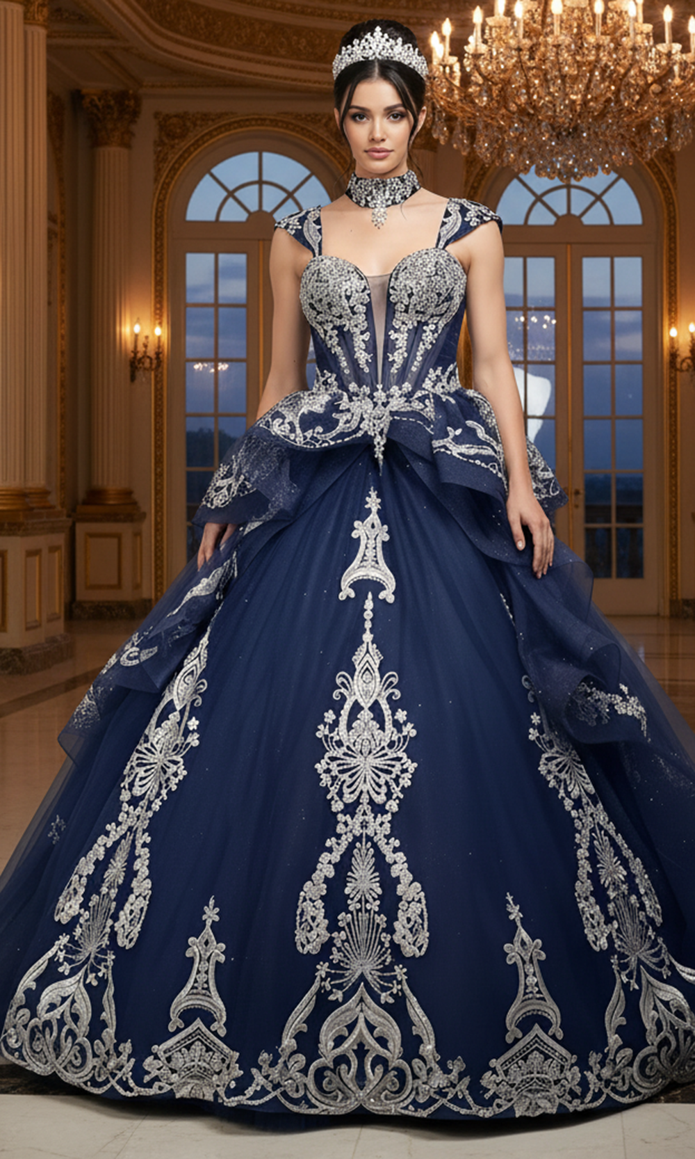 Jovani Q48438 - Silver Embroidery Layered Ballgown