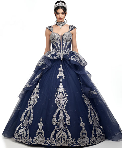 Jovani Q48438 - Silver Embroidery Layered Ballgown Quinceanera Dresses In Blue and Silver