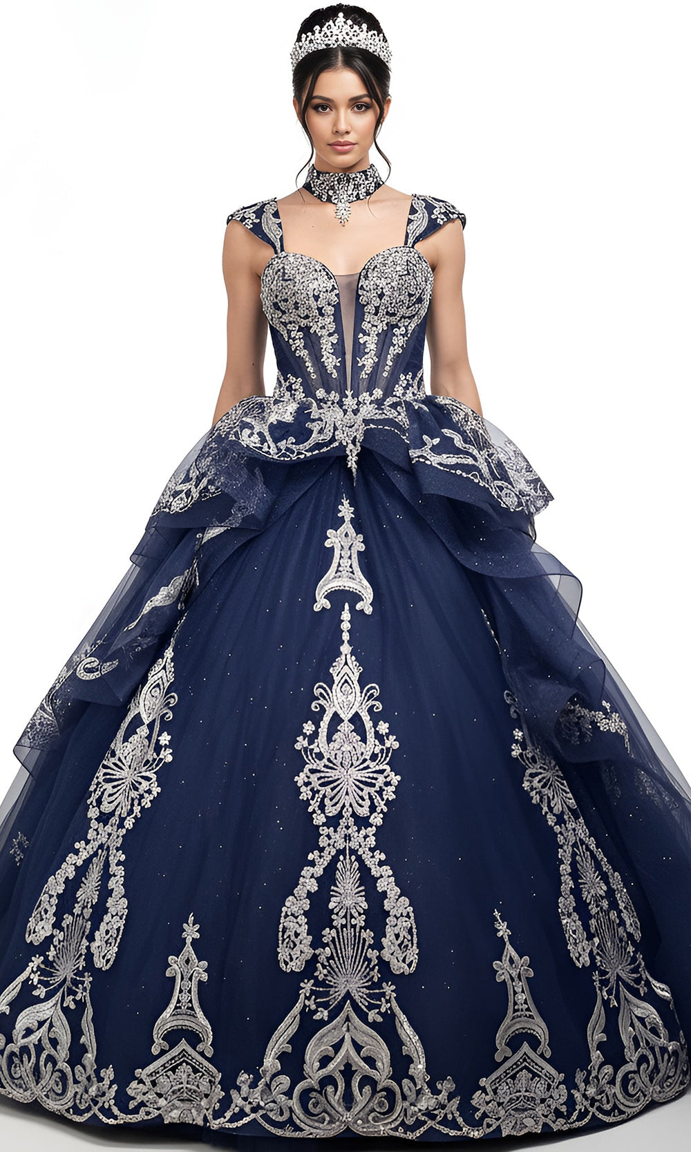 Jovani Q48438 - Silver Embroidery Layered Ballgown