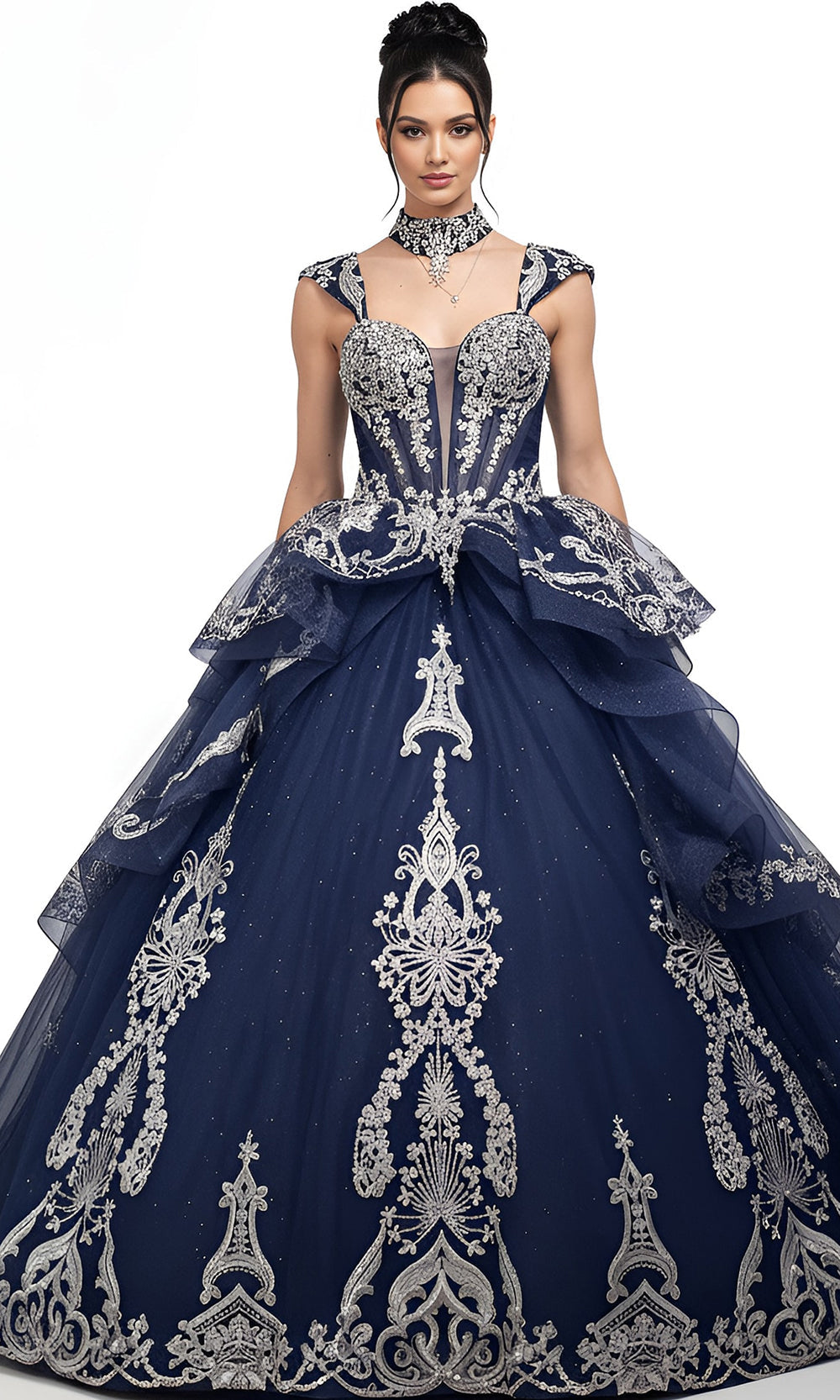 Jovani Q48438 - Silver Embroidery Layered Ballgown