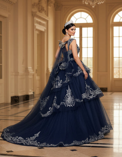 Jovani Q48438 - Silver Embroidery Layered Ballgown Quinceanera Dresses In Blue and Silver