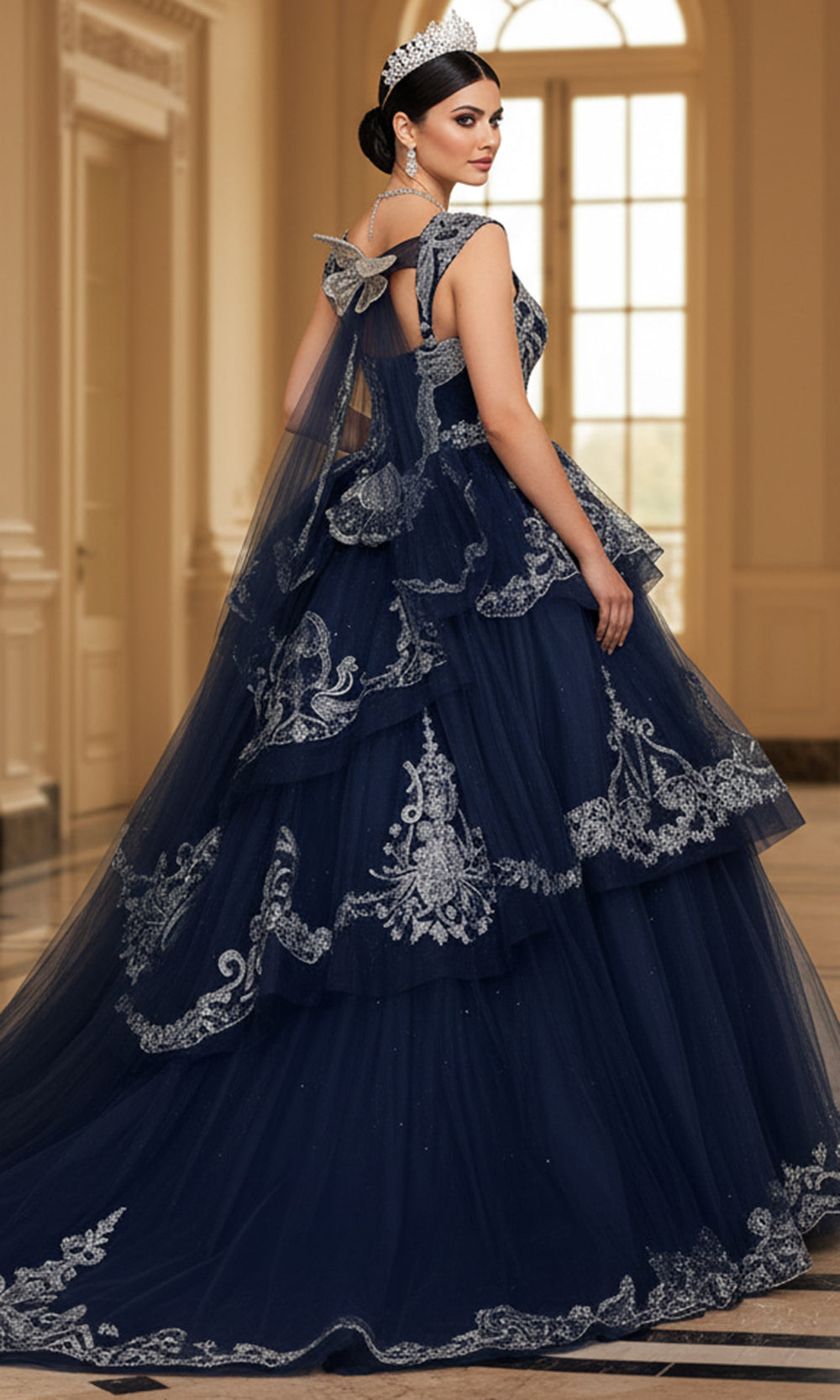 Jovani Q48438 - Silver Embroidery Layered Ballgown