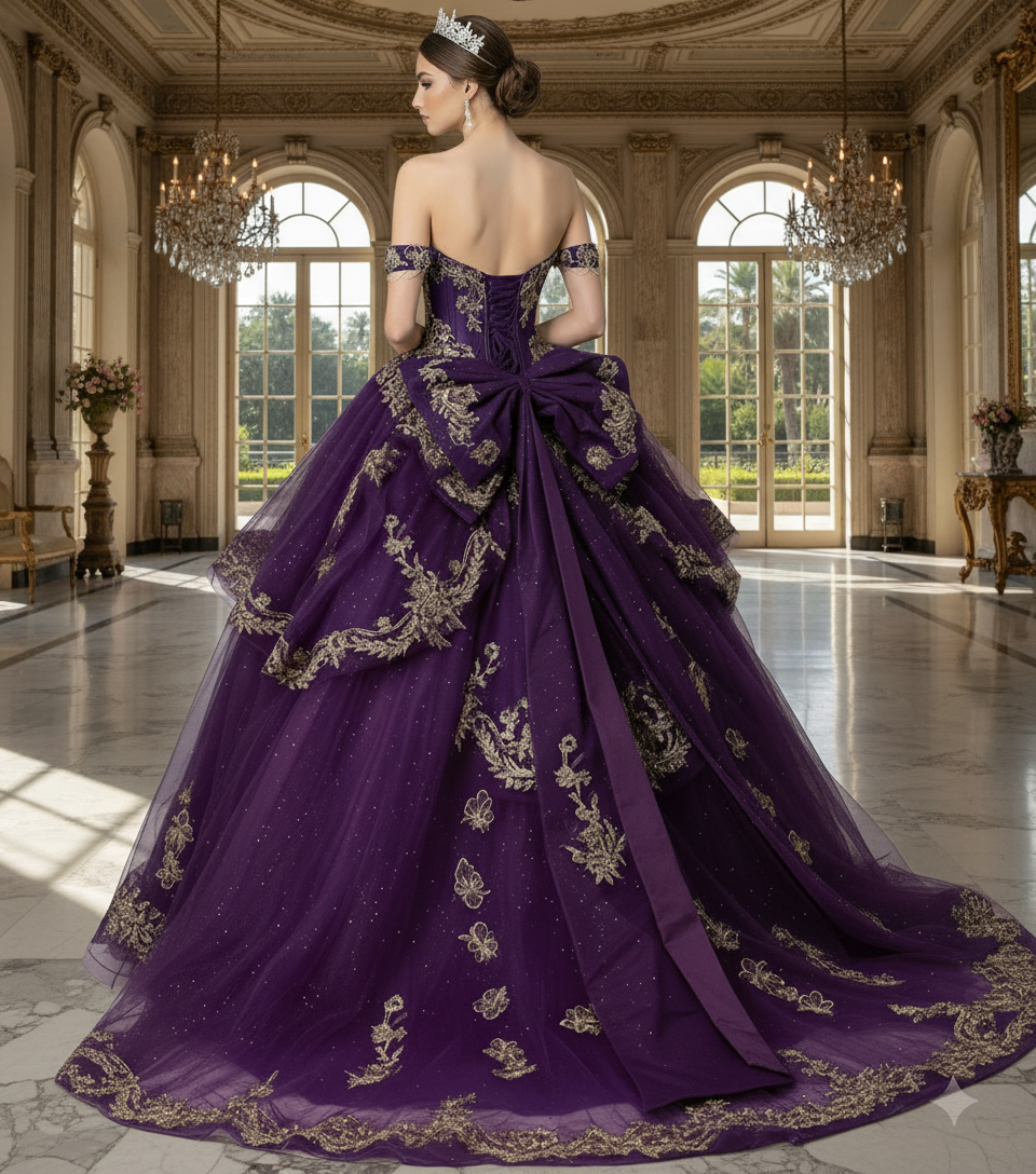 Jovani Q48439 - Off Shoulder Embroidered Ballgown with Bow Back Quinceanera Dresses in Purple and Gold