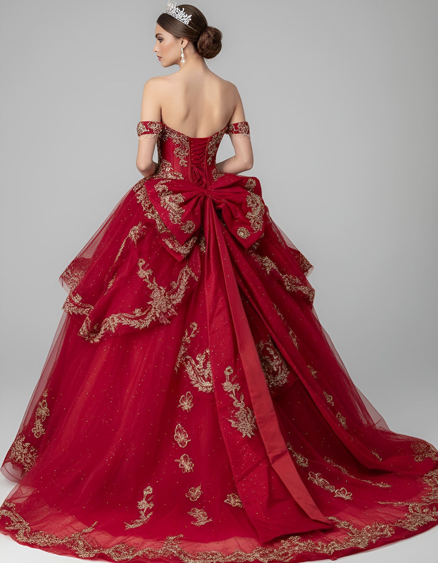 Jovani Q48439 - Off Shoulder Embroidered Ballgown with Bow Back Quinceanera Dresses in Red and Gold