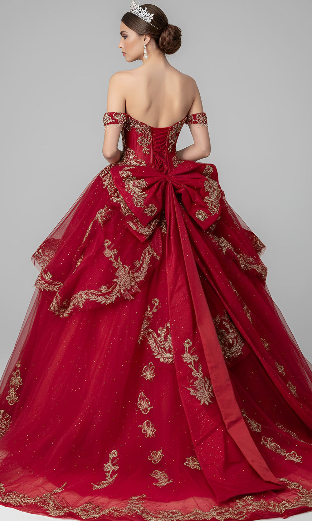 Jovani Q48439 - Off Shoulder Embroidered Ballgown with Bow Back