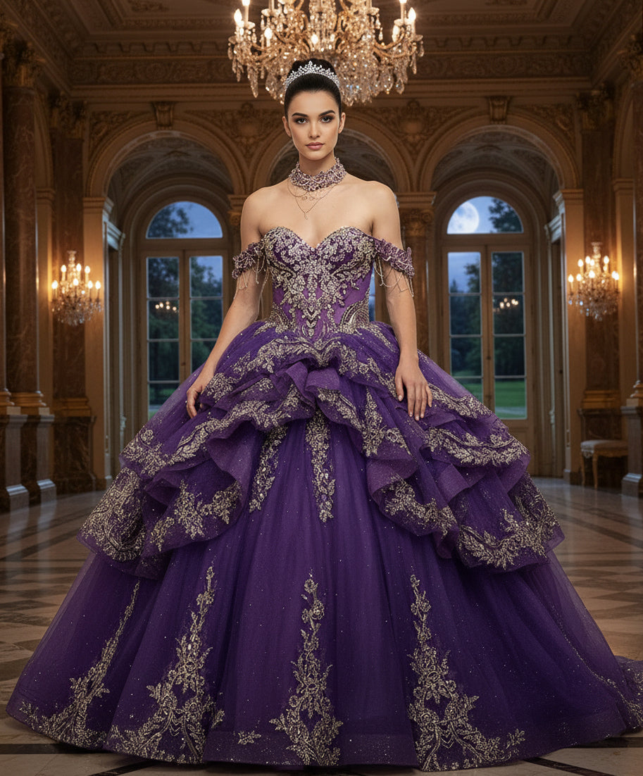 Jovani Q48439 - Off Shoulder Embroidered Ballgown with Bow Back Quinceanera Dresses in Purple and Gold