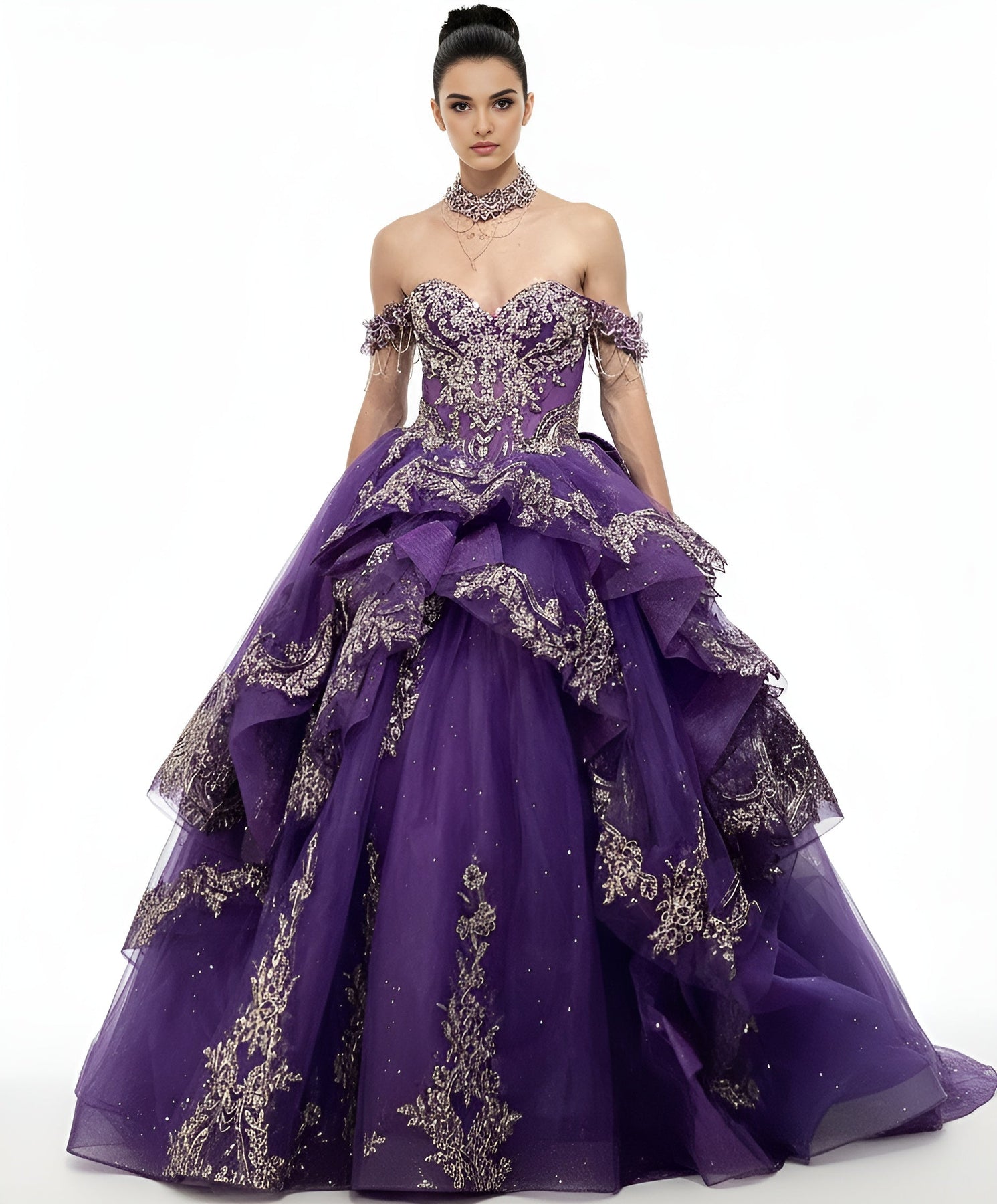 Jovani Q48439 - Off Shoulder Embroidered Ballgown with Bow Back Quinceanera Dresses in Purple and Gold