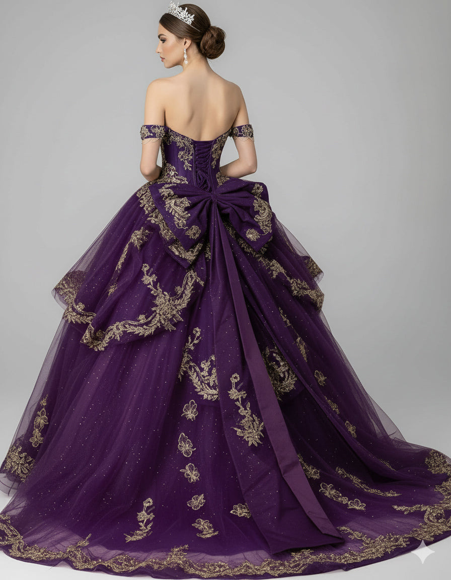 Jovani Q48439 - Off Shoulder Embroidered Ballgown with Bow Back Quinceanera Dresses in Purple and Gold