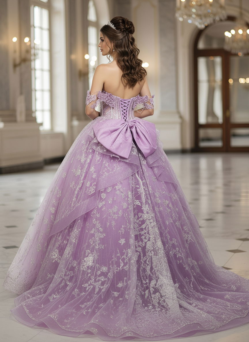 Jovani Q48441 - Floral Applique Layered Tulle Gown Quinceanera Dresses In Purple