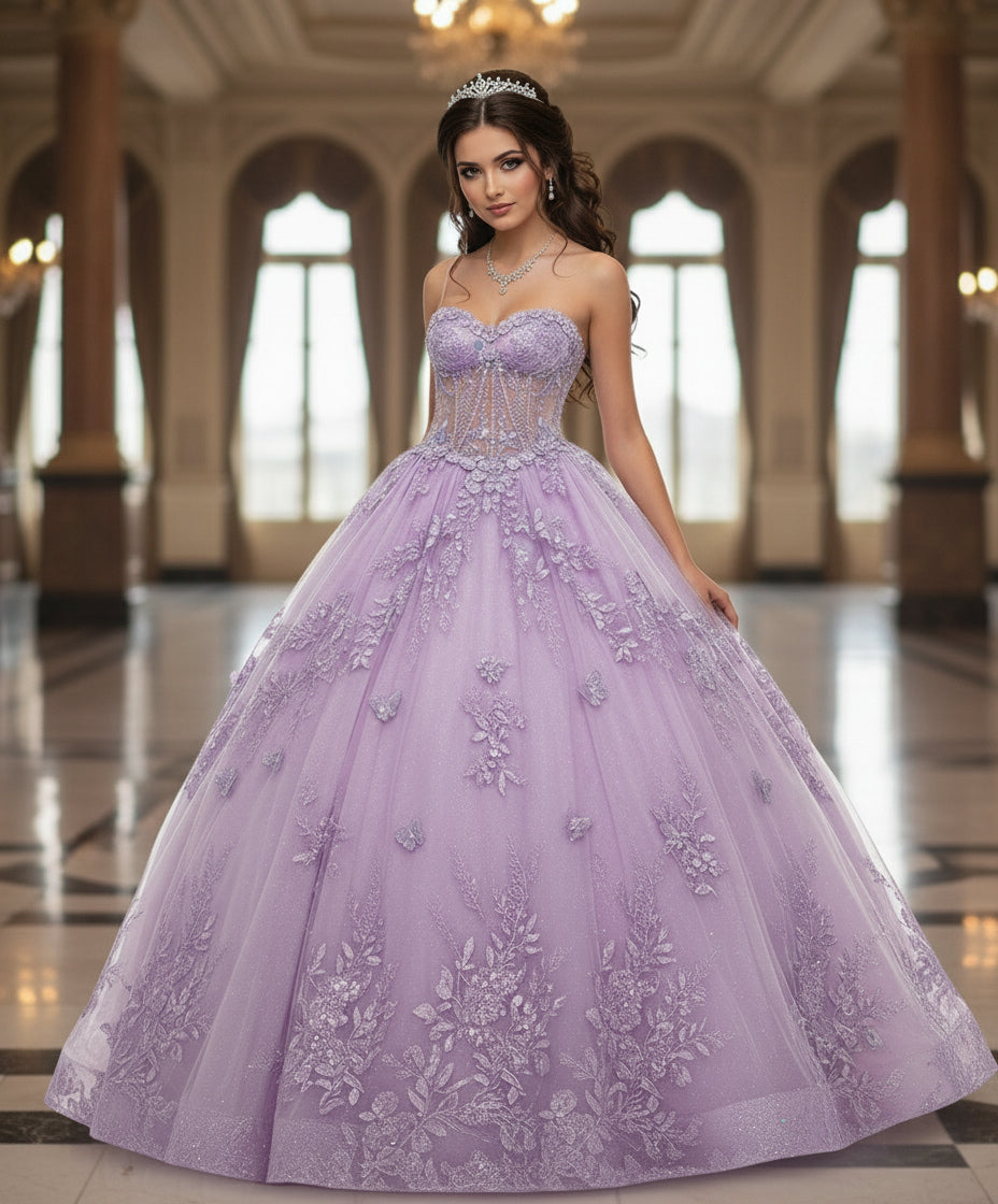 Jovani Q43812 - Embroidered Strapless Corset Ballgown Quinceanera Dresses Corset In Purple 