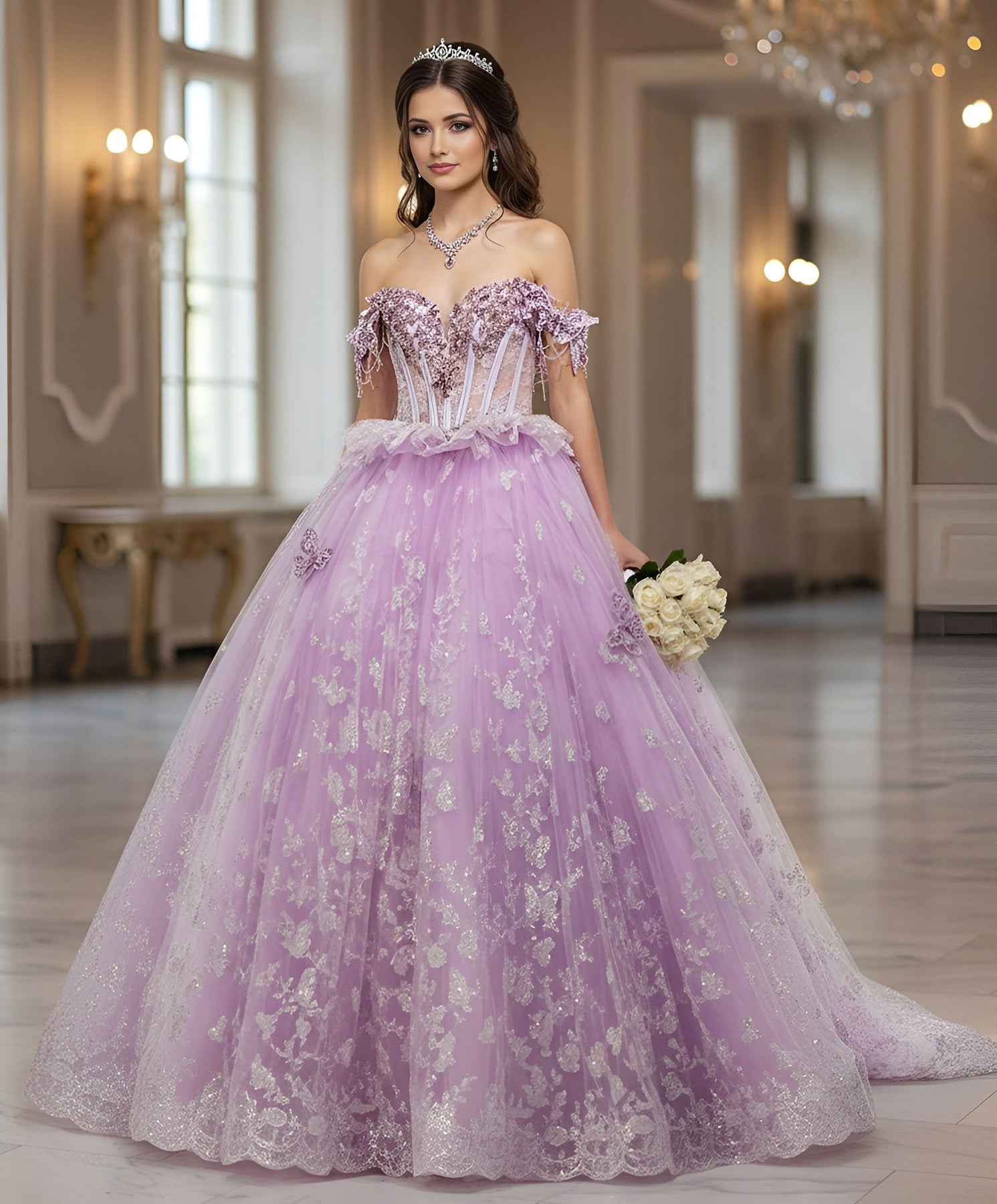 Jovani Q48441 - Floral Applique Layered Tulle Gown Quinceanera Dresses In Purple