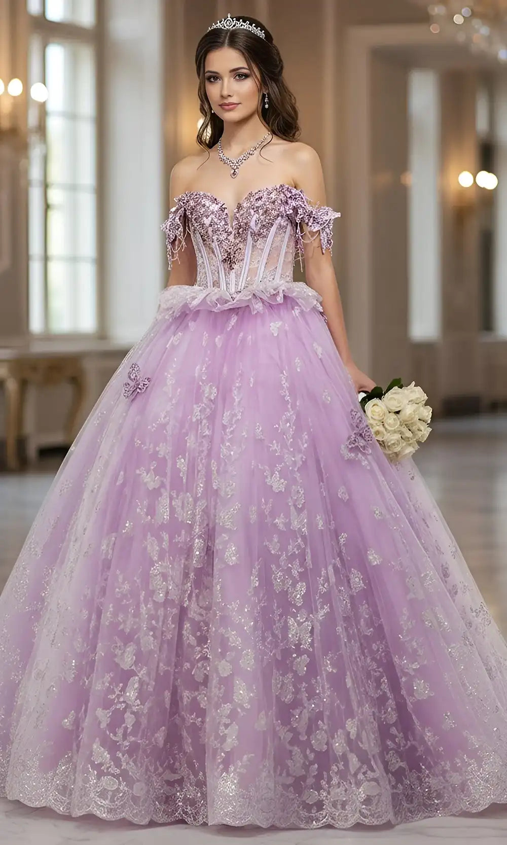 Jovani Q48441 - Floral Applique Layered Tulle Gown