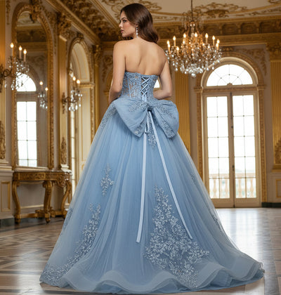 Jovani Q49712 - Bow Accent Strapless Voluminous Gown Quinceanera Dresses in In Blue