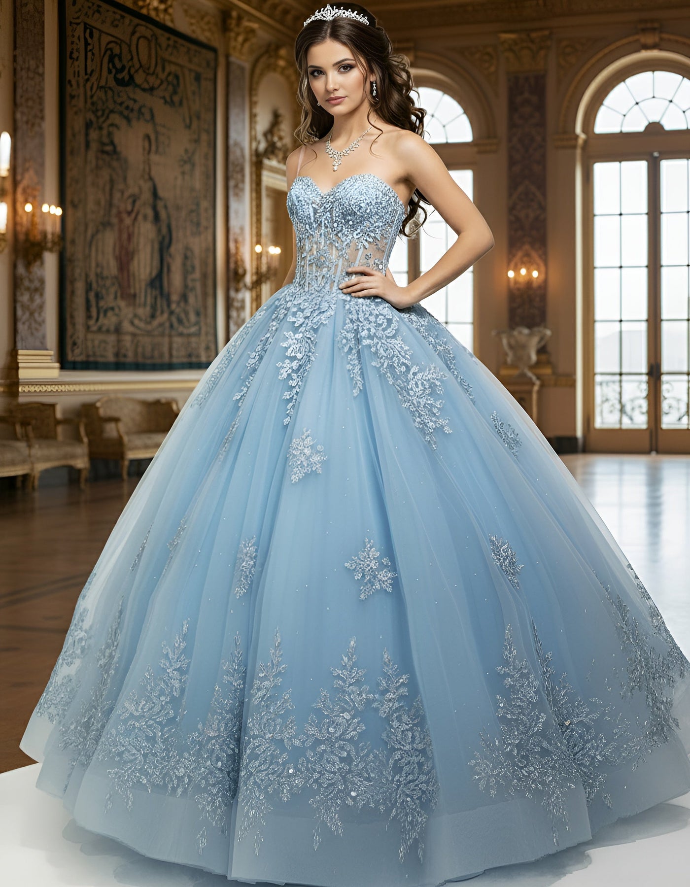 Jovani Q49712 - Bow Accent Strapless Voluminous Gown Quinceanera Dresses in In Blue