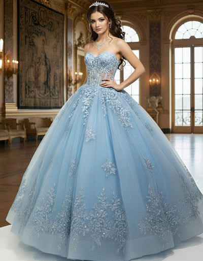 Jovani Q49712 - Bow Accent Strapless Voluminous Gown Quinceanera Dresses in In Blue