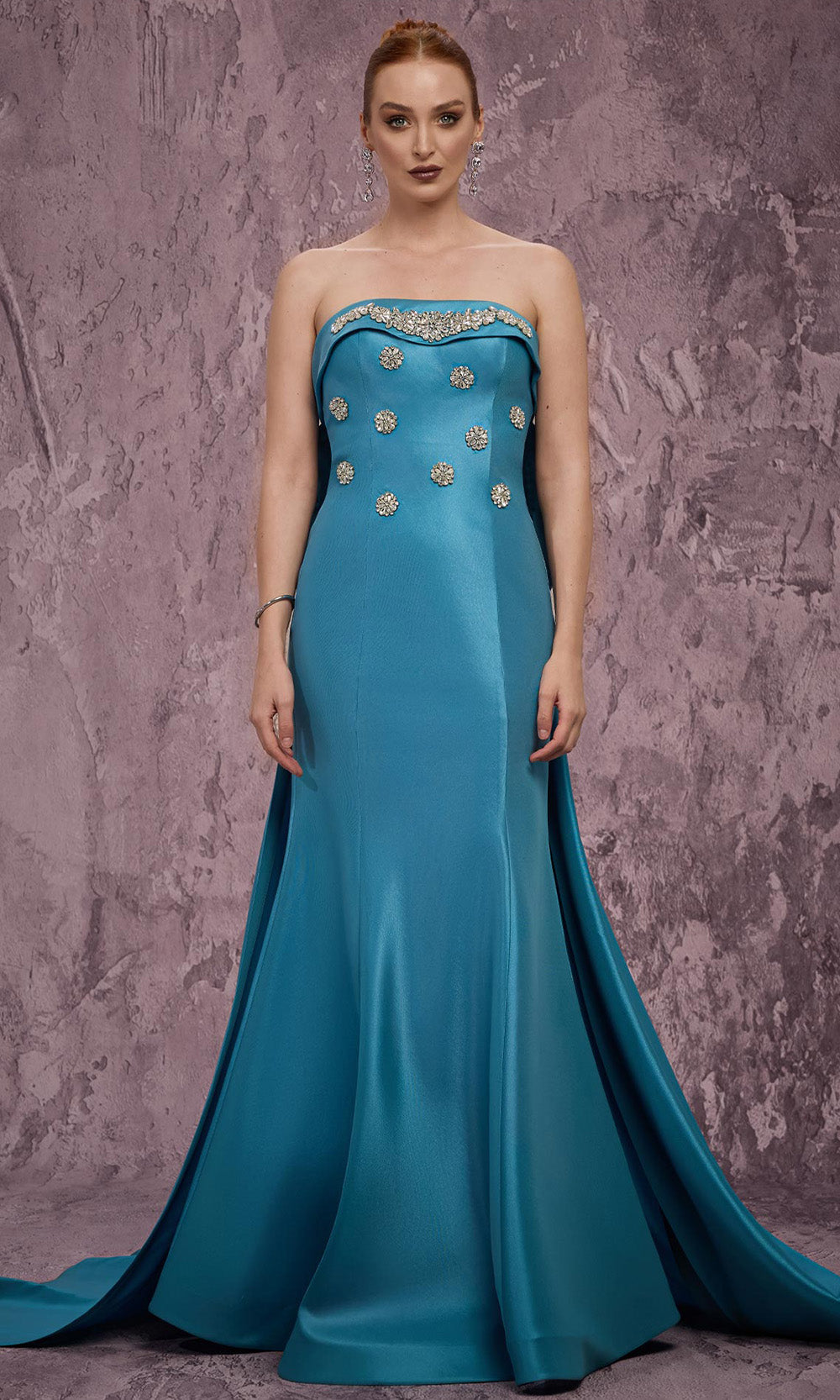 MNM COUTURE Q5574 - Rhinestone Embellished Strapless Long Gown Prom Dresses in Blue 