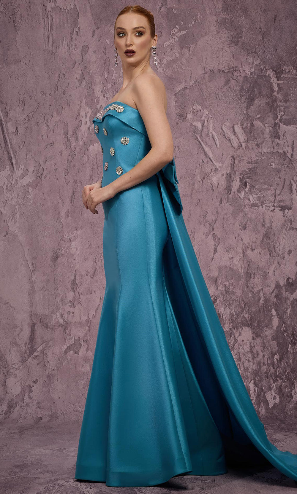 MNM COUTURE Q5574 - Rhinestone Embellished Strapless Long Gown Prom Dresses in Blue 