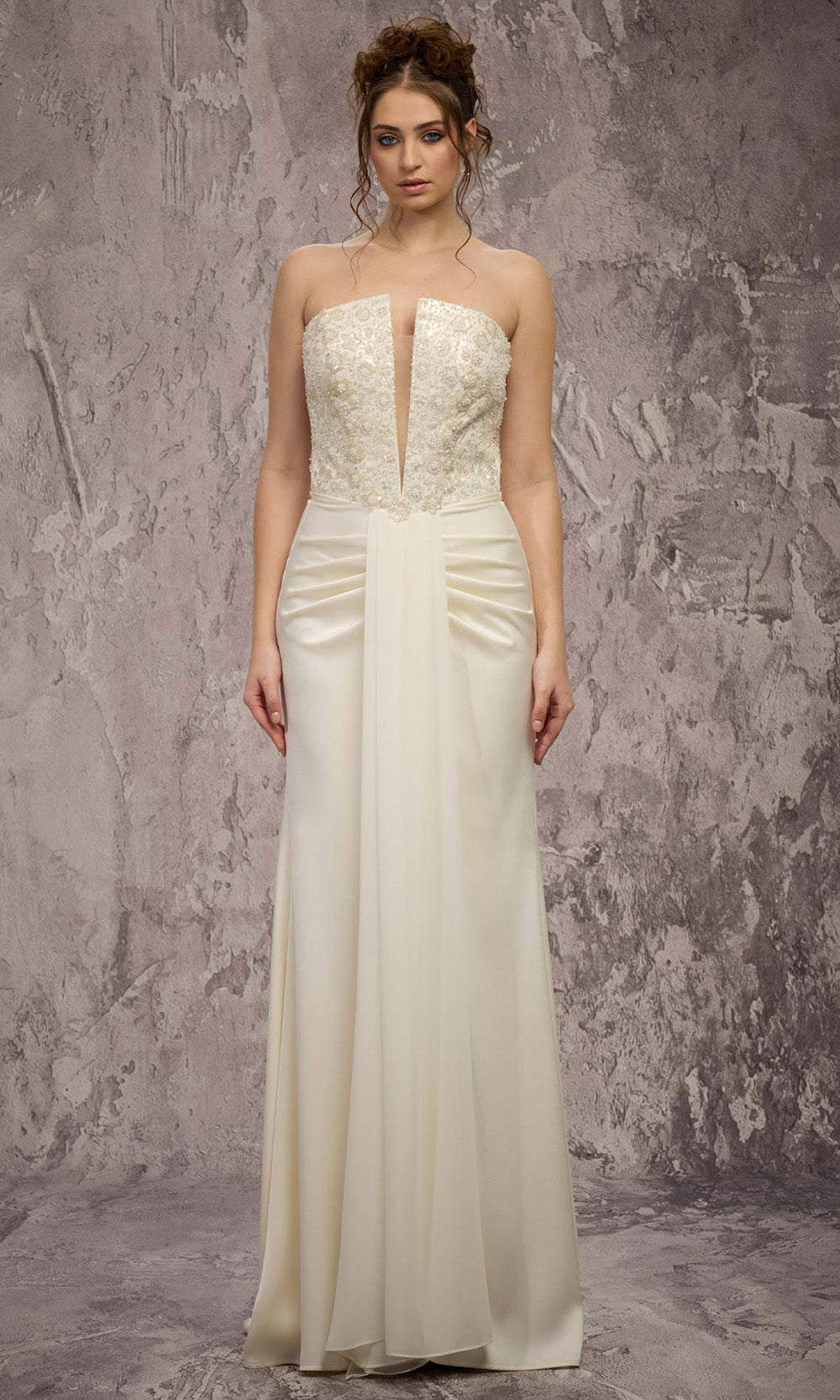 MNM COUTURE Q7545 - Illusion Plunge Chiffon Column Gown Prom Dresses in White 