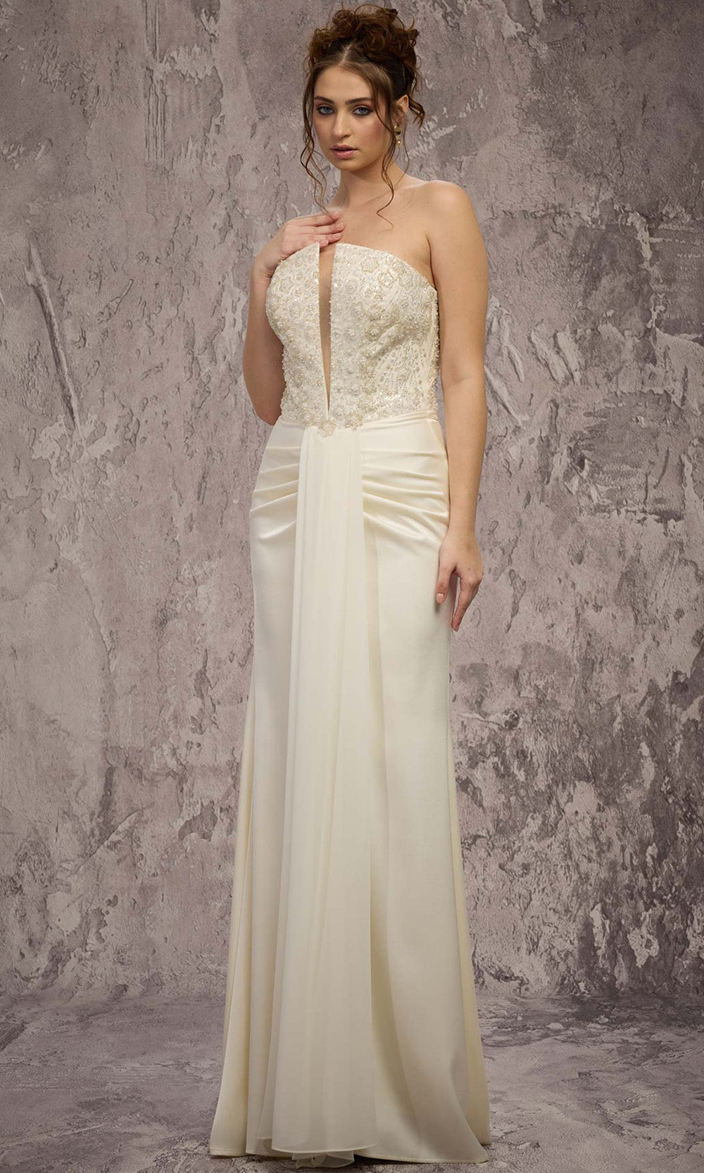 MNM COUTURE Q7545 - Illusion Plunge Chiffon Column Gown Prom Dresses in White 