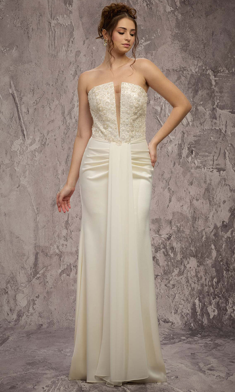 MNM COUTURE Q7545 - Illusion Plunge Chiffon Column Gown Prom Dresses in White 