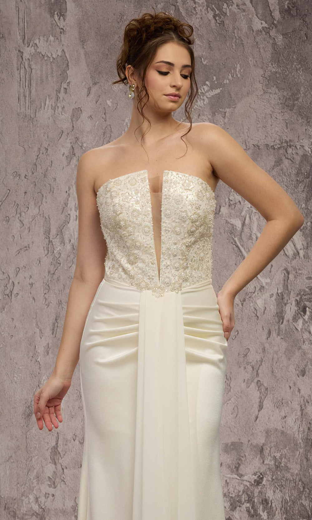 MNM COUTURE Q7545 - Illusion Plunge Chiffon Column Gown Prom Dresses in White 