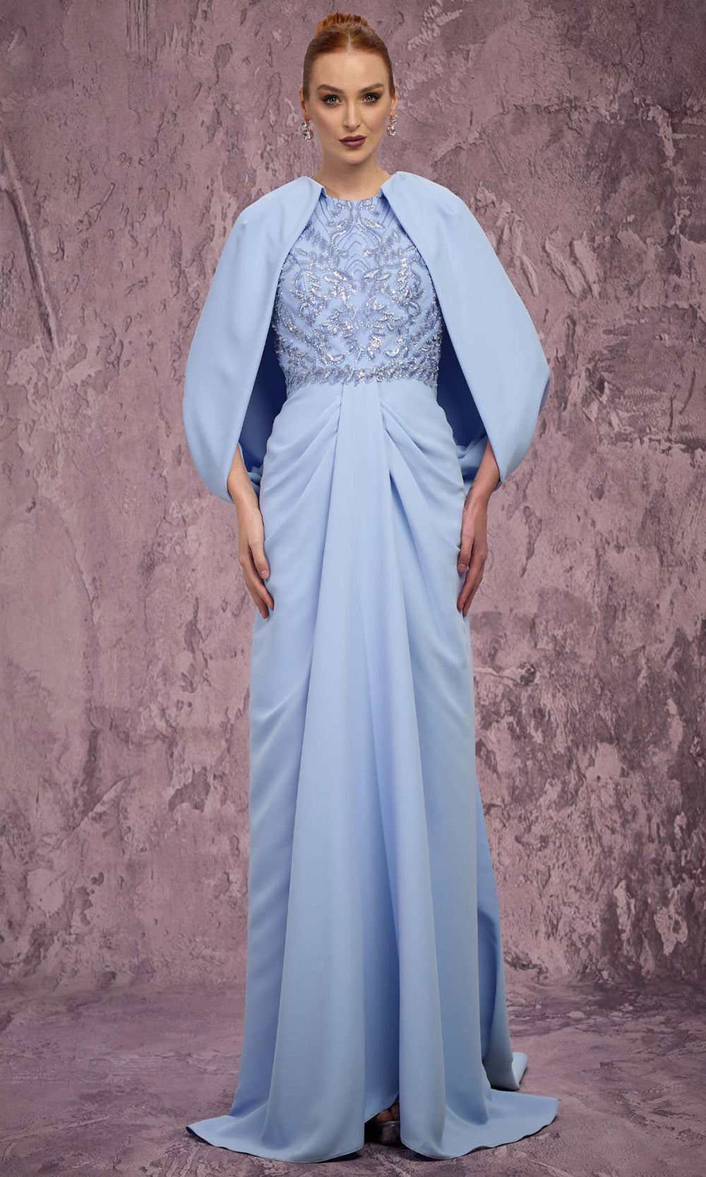 MNM COUTURE Q7615 - Jewel Neck Crepe Gown with Bow Train Mother of the Bride Dresses
