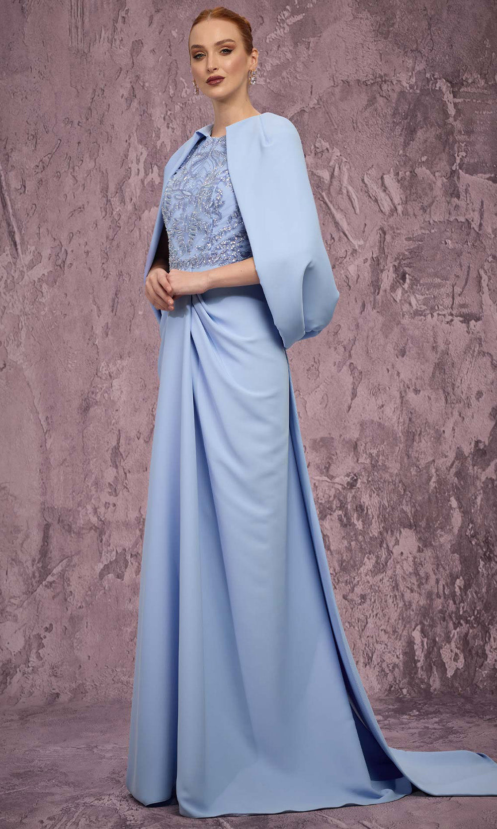 MNM COUTURE Q7615 - Jewel Neck Crepe Gown with Bow Train Mother of the Bride Dresses in Blue 