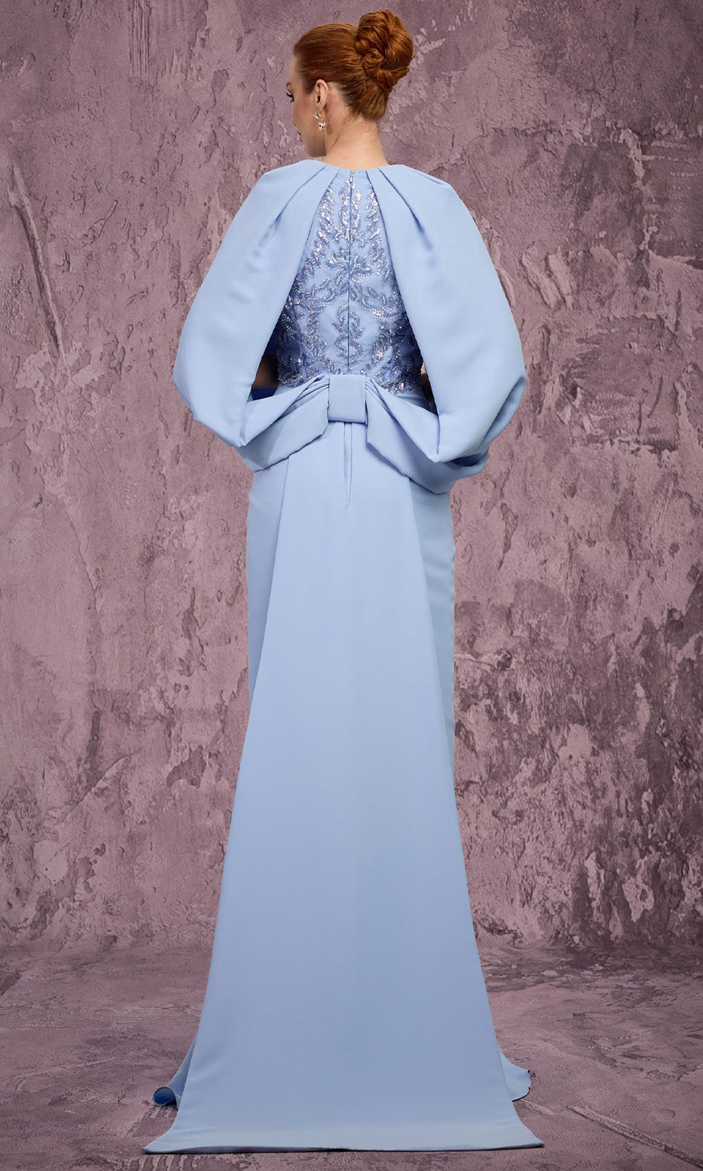 MNM COUTURE Q7615 - Jewel Neck Crepe Gown with Bow Train Mother of the Bride Dresses in Blue 