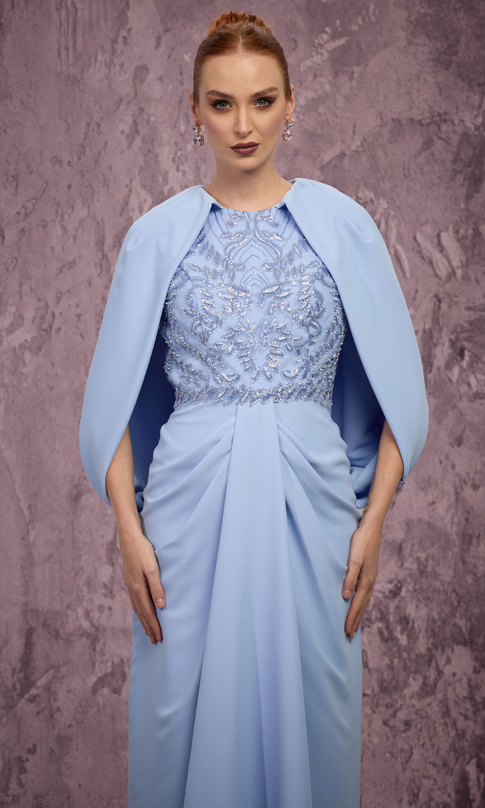 MNM COUTURE Q7615 - Jewel Neck Crepe Gown with Bow Train Mother of the Bride Dresses in Blue 